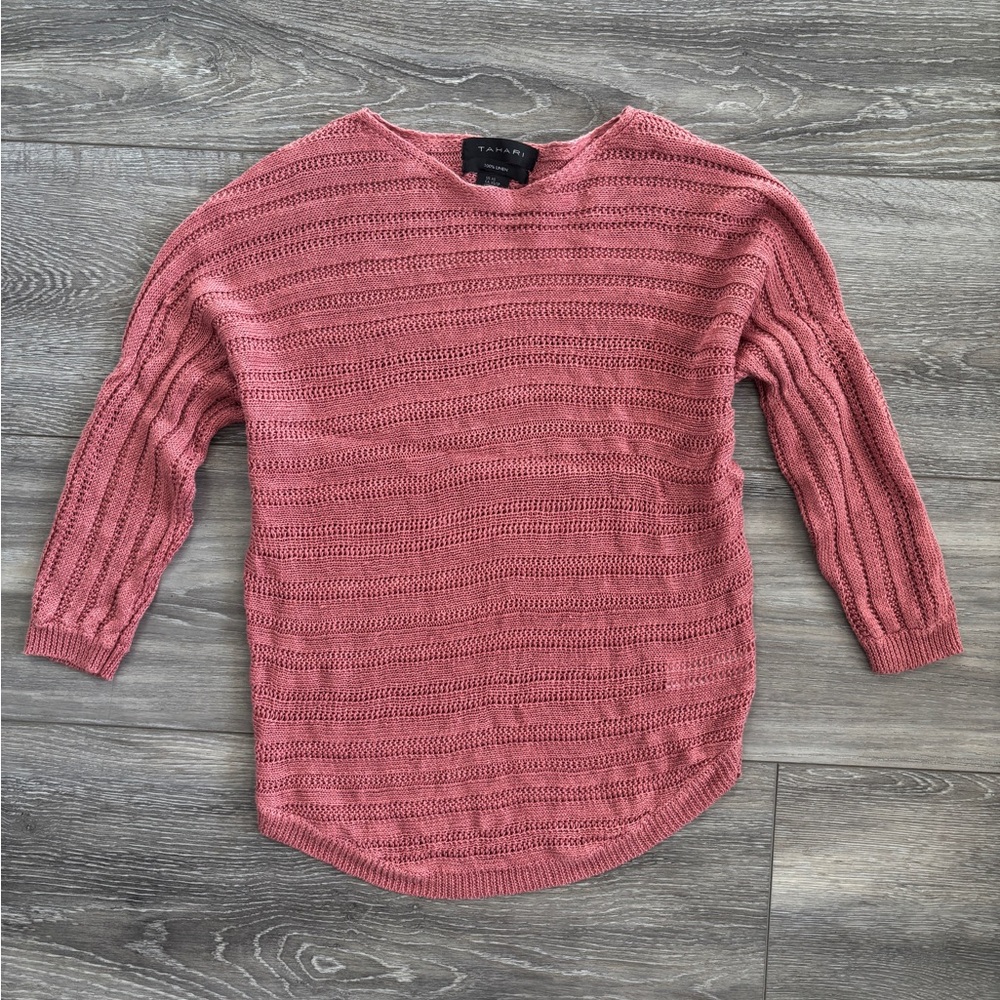 Tahari Rose Pink Open-Knit Crew Neck Sweater 100% linen
